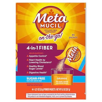 Metamucil On-the-Go Packets, Sugar-Free, 44 Packets, 4-in-1 Psyllium Husk Fiber Supplement, Orange Flavored, Individual Servings Great for Travel