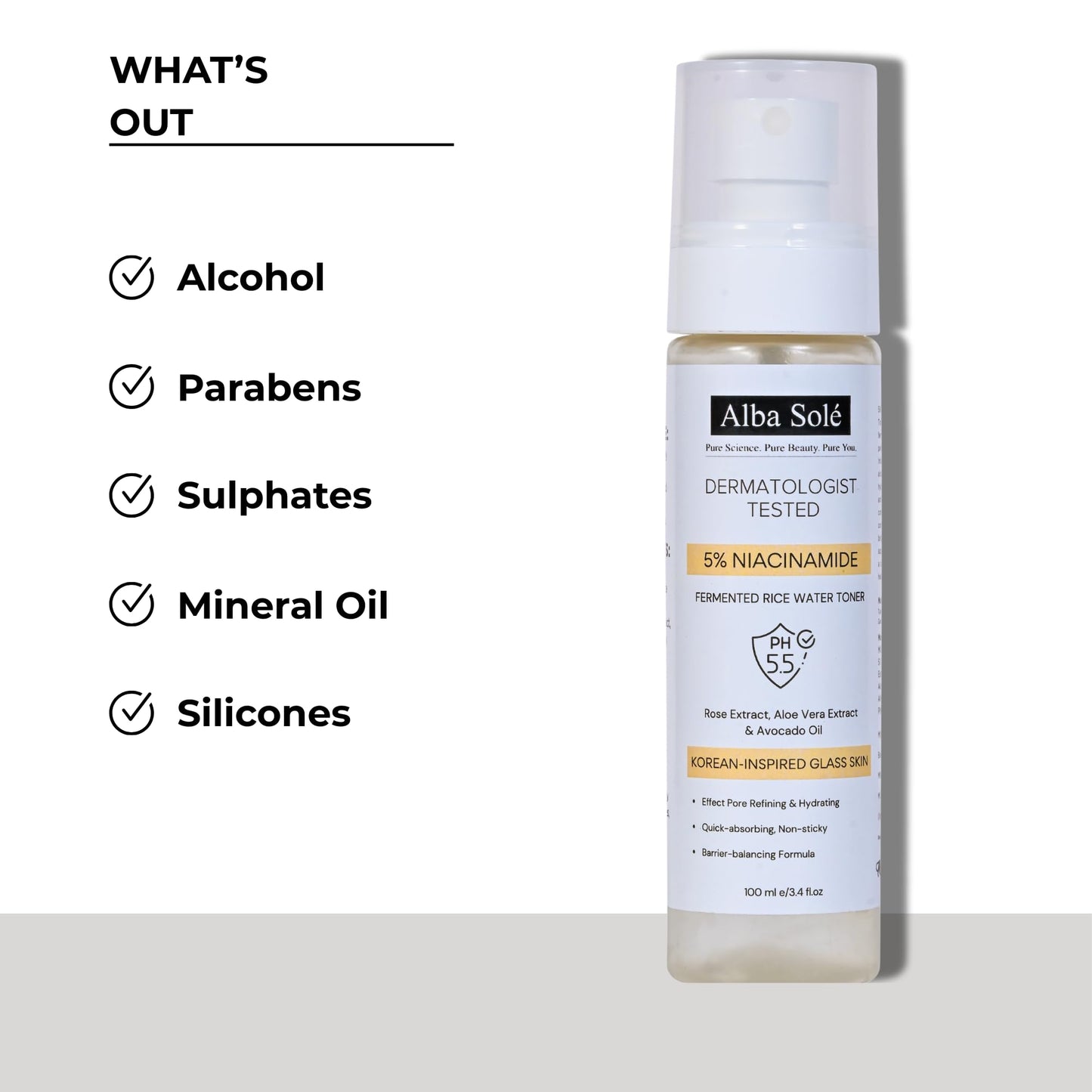 Alba Solé 5% Niacinamide Face Toner with Fermented Rice Water | pH 5.5 Balancing Toner | Hydrates, Refines Pores & Brightens for Glass Skin