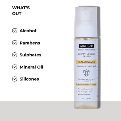 Alba Solé 5% Niacinamide Face Toner with Fermented Rice Water | pH 5.5 Balancing Toner | Hydrates, Refines Pores & Brightens for Glass Skin