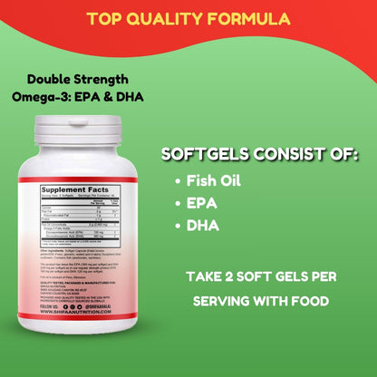 SHIFAA NUTRITION Halal Fish Oil Softgels 120 Ct, Double Strength - Halal Omega 3 Fish Oil Supplements. Wild Caught, Non-GMO & Purified