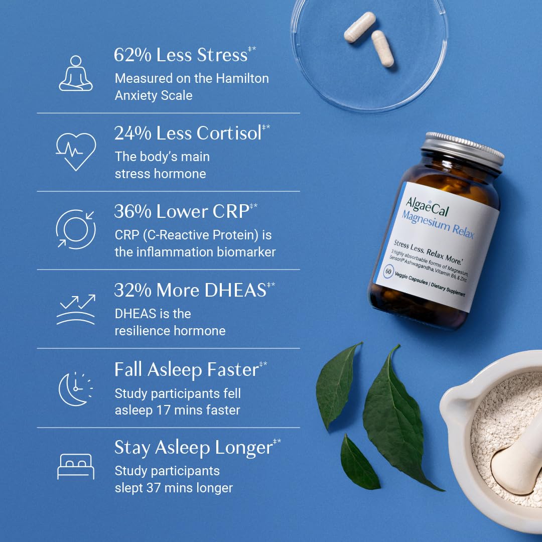 AlgaeCal Magnesium Relax™ - Chelated Magnesium with Ashwagandha for Sleep & Stress - Glycinate, Malate, Citrate - Sleep, Mood, & Cortisol Support (4 Months Supply) ALGAECALBuy Supplements Australia