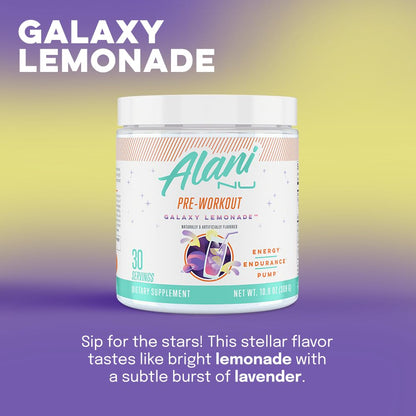 Alani Nu Pre Workout Powder GLAXAY Lemonade, Amino Energy Boost, Endurance Supplement, Sugar Free, 200mg Caffeine, L-Theanine, Beta-Alanine, L-Citrulline, 30 Servings
