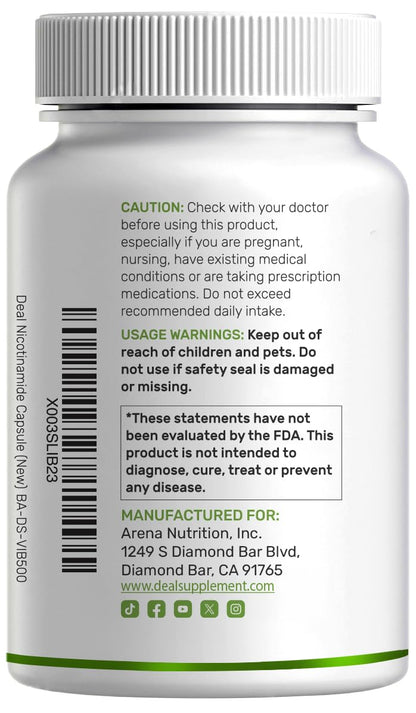 Vitamin B3 Nicotinamide 1,000mg Per Serving – 500 Capsules, Flush Free Niacin, Essential B3 – Supports Healthy Skin & Energy Production – Non-GMO