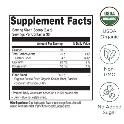 Ancient Nutrition Organic Fiber Powder, Pineapple Mango, Soluble Fiber from Acacia & Konjac Root, Supports Digestive Health, Reduces Bloating, 6.4 oz