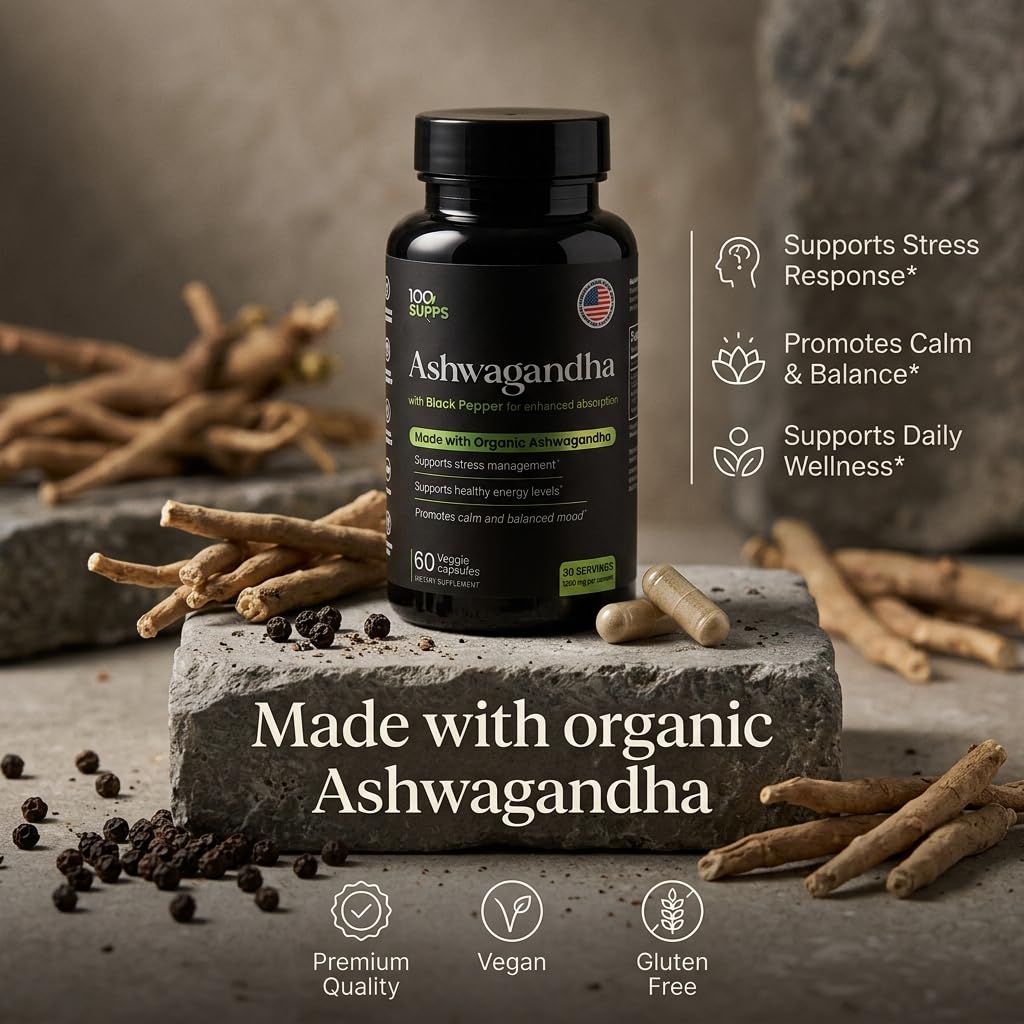 100 Supps Ashwagandha Capsules with Black Pepper Extract 4:1 (10mg), Made with Organic Ashwagandha Powder, 1200mg per Serving, 60 Veggie Capsules