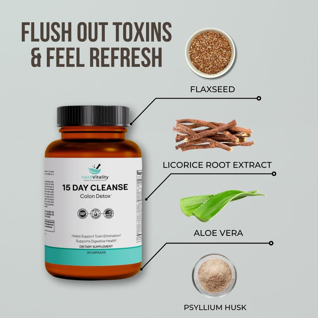 Herb Vitality 15-Day Colon Cleanse – Detox & Gut Health Support with Probiotics, Aloe Vera, Licorice Root & Psyllium Husk