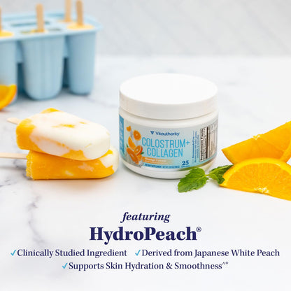 Colostrum Collagen Powder Hydrolyzed Peptide HydroPeach Gut Health Skin & Immune Support | 1g Bovine Colostrum, 2g Collagen Peptides, 20mg Peach Ceramides