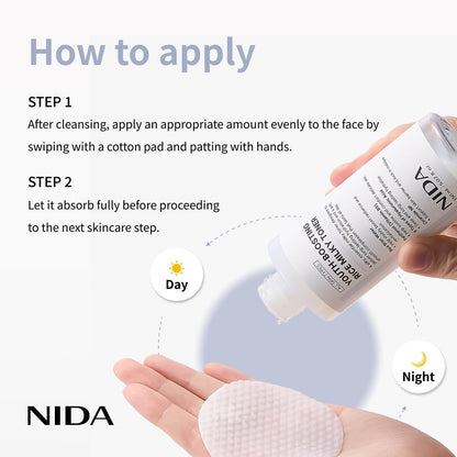 NIDA Youth-boosting Rice Milky Toner, for Glass Skin | Rice Bran Extract, Niacinamide, Ceramide NP, Panthenol | Deep Moisturizing, Hydrating and Refreshing