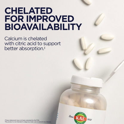KAL Calcium Citrate 1000mg, Calcium Supplements for Women and Men, Bone Health, Teeth, Nervous, Muscular & Cardiovascular System Support, Gluten Free