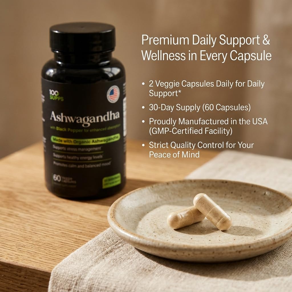 100 Supps Ashwagandha Capsules with Black Pepper Extract 4:1 (10mg), Made with Organic Ashwagandha Powder, 1200mg per Serving, 60 Veggie Capsules