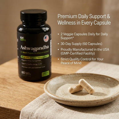 100 Supps Ashwagandha Capsules with Black Pepper Extract 4:1 (10mg), Made with Organic Ashwagandha Powder, 1200mg per Serving, 60 Veggie Capsules
