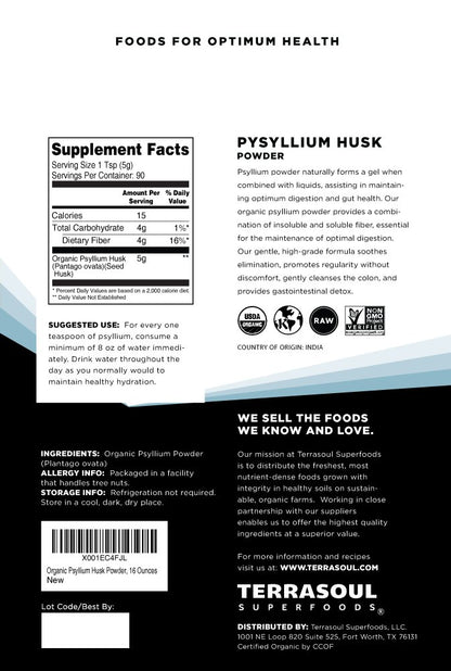 Terrasoul Superfoods Organic Psyllium Husk Powder, 1 Lb - Superfine Texture | 99% Purity | Perfect for Gluten-Free Baking | No Purple Breads