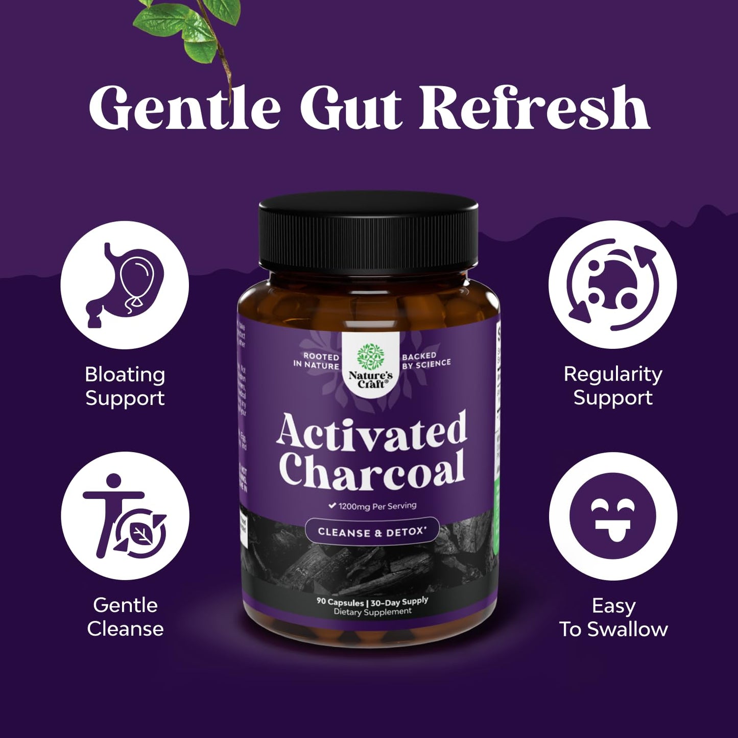 Natures Craft Activated Charcoal Pills Detox & Cleanse - Purifying Coconut Capsules with 1200 mg Per Serving for Bloating Relief