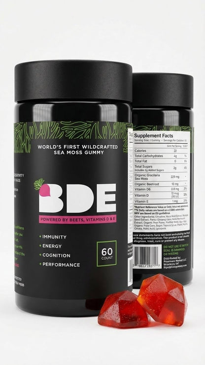 BDE Wildcrafted Sea Moss Gummy Maca Root, Beets, Lions Mane Mushroom, Vitamin D + E - Vegan Collagen, Zinc