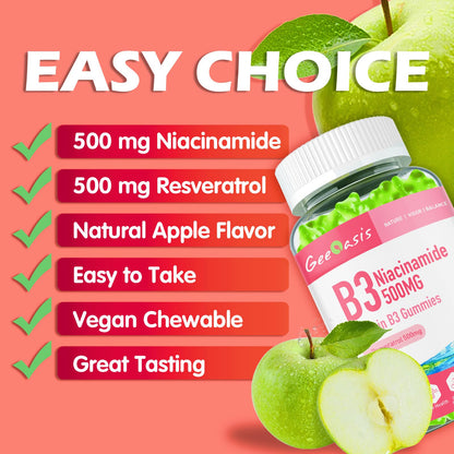 Geeoasis Niacinamide 500mg Gummies, Chewable Vitamin B3 Supplement with Resveratrol 500mg, High Potency Niacin for Antioxidant, Skin & Brain Health,