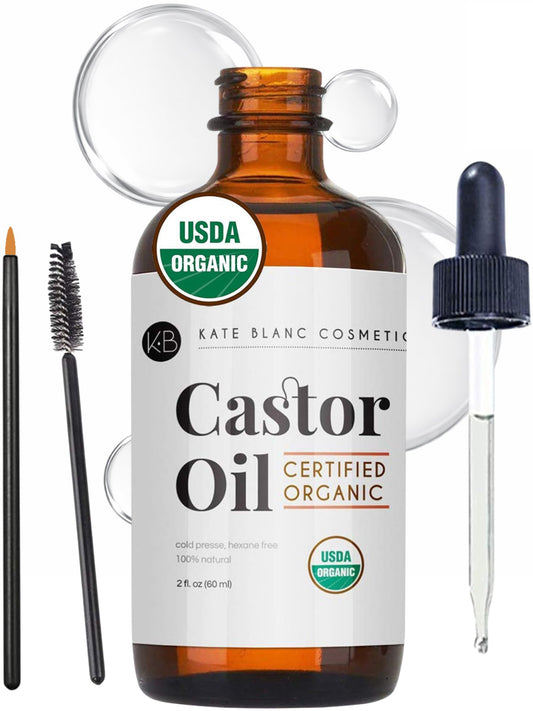 Kate Blanc Cosmetics Castor Oil Organic for Hair, Lashes, Face, Skin (2oz), 100% Pure, Cold Pressed, Hexane Free Hair Oil.