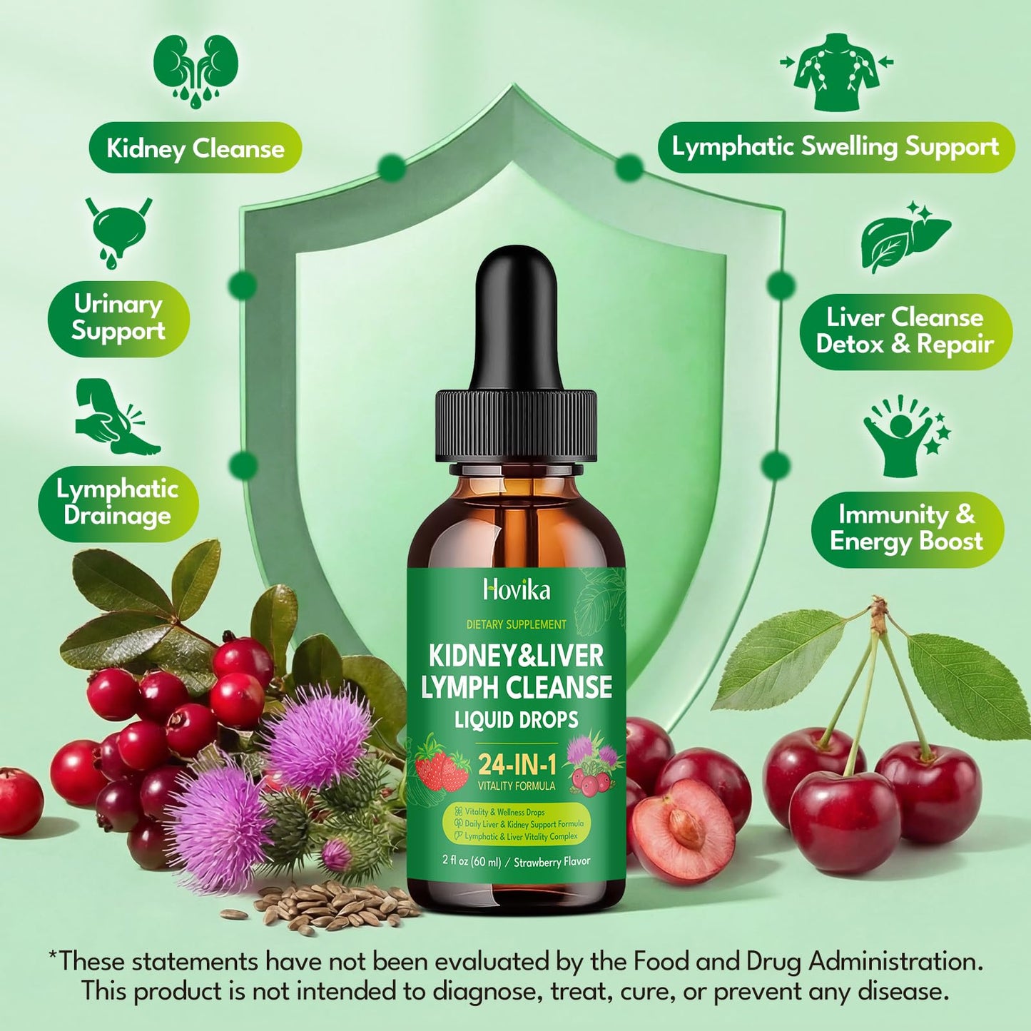 24-in-1 Kidney & Liver, Lymph Cleanse Detox & Repair Drops, Three Immune Formula with Cranberry, Milk Thistle, Vegan Urinary Tract & Lymphatic Drainage