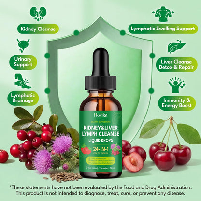 24-in-1 Kidney & Liver, Lymph Cleanse Detox & Repair Drops, Three Immune Formula with Cranberry, Milk Thistle, Vegan Urinary Tract & Lymphatic Drainage