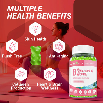 Geeoasis Niacinamide 500mg Gummies, Chewable Vitamin B3 Supplement with Resveratrol 500mg, High Potency Niacin for Antioxidant, Skin & Brain Health,