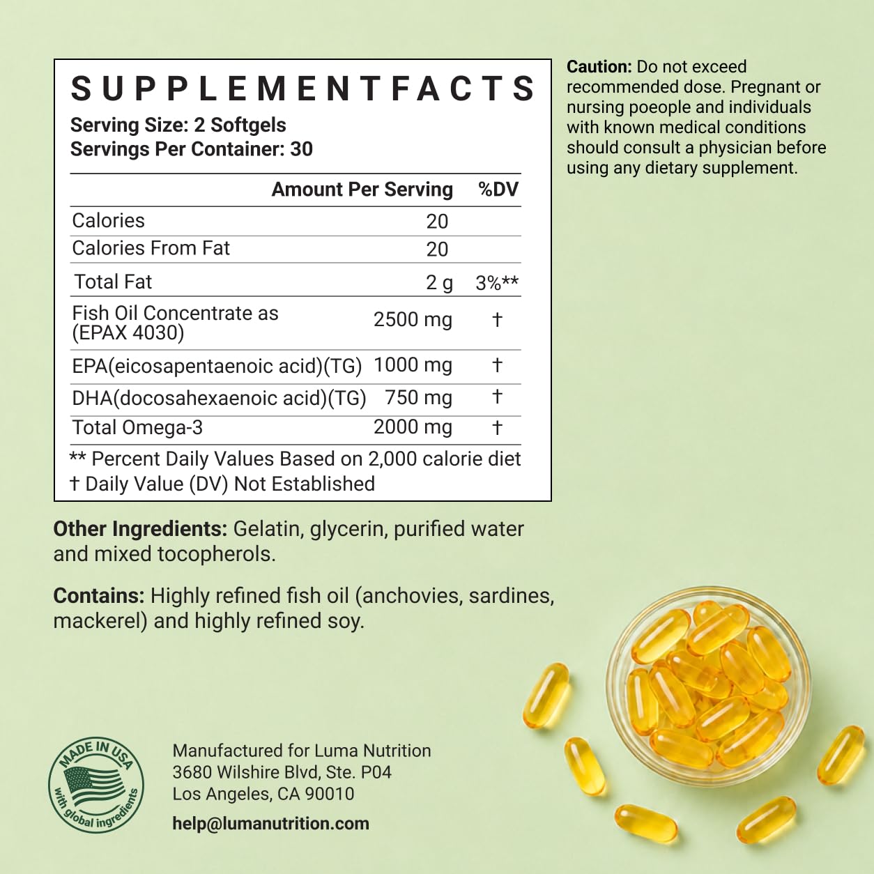 Luma Nutrition Omega 3 Fish Oil Supplement - Extra Strength 2500mg Per Serving - 2000mg EPA & DHA Per Serving
