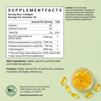 Luma Nutrition Omega 3 Fish Oil Supplement - Extra Strength 2500mg Per Serving - 2000mg EPA & DHA Per Serving