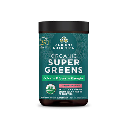 Ancient Nutrition SuperGreens Powder with Probiotics, Organic Watermelon Flavor Greens, Made from Real Fruits, Vegetables and Herbs, for Digestive