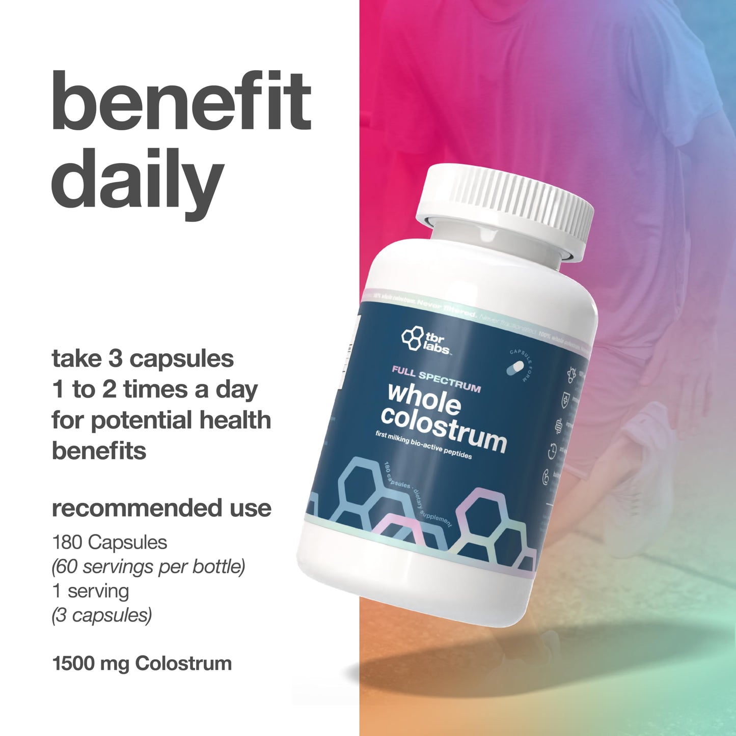 TBR Labs Pure Bovine Colostrum 180 Capsules - Antibiotic and Hormone Free - USA Sourced - All Natural - 100% First Milking