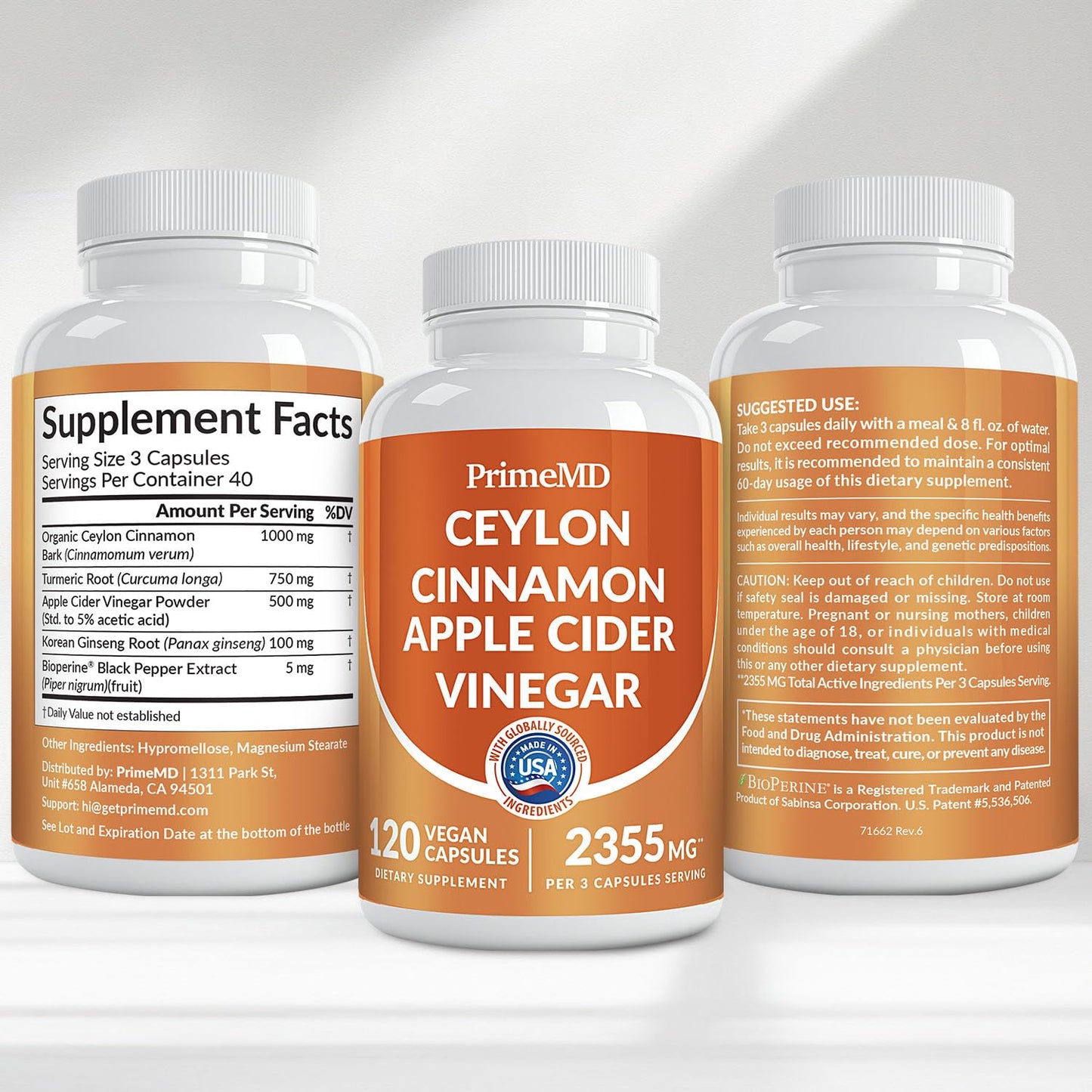 5-in-1 Ceylon Cinnamon Capsules 2355mg - Apple Cider Vinegar Capsules with Turmeric, Panax Ginseng & Bioperine - Cinnamon Supplements for Women & Men