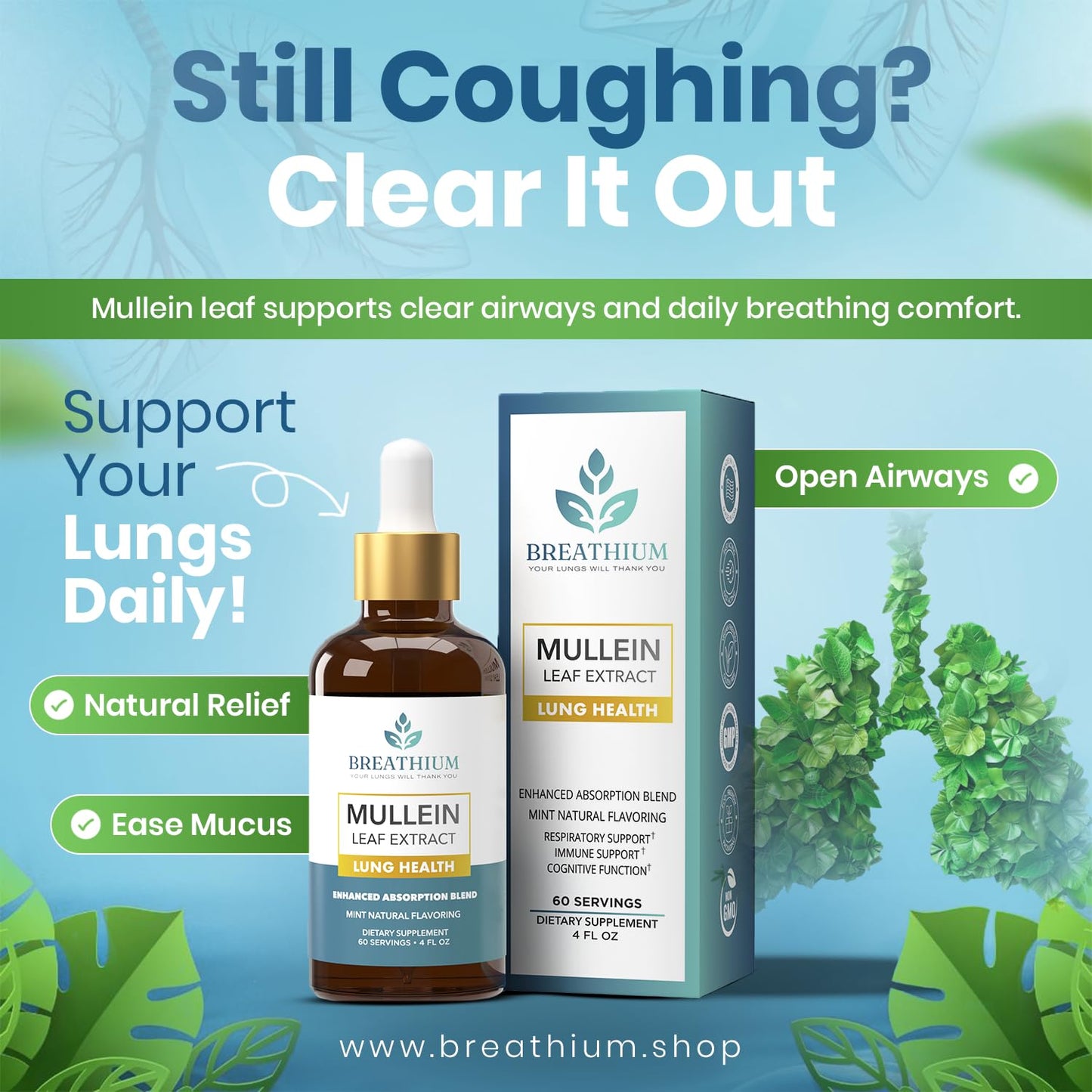 BREATHIUM 4-in-1 Mullein Drops for Lungs & Gut Health – Liposomal Mullein Leaf Extract, Made in USA, Natural Lung Detox for Smokers + Immune, Digestive