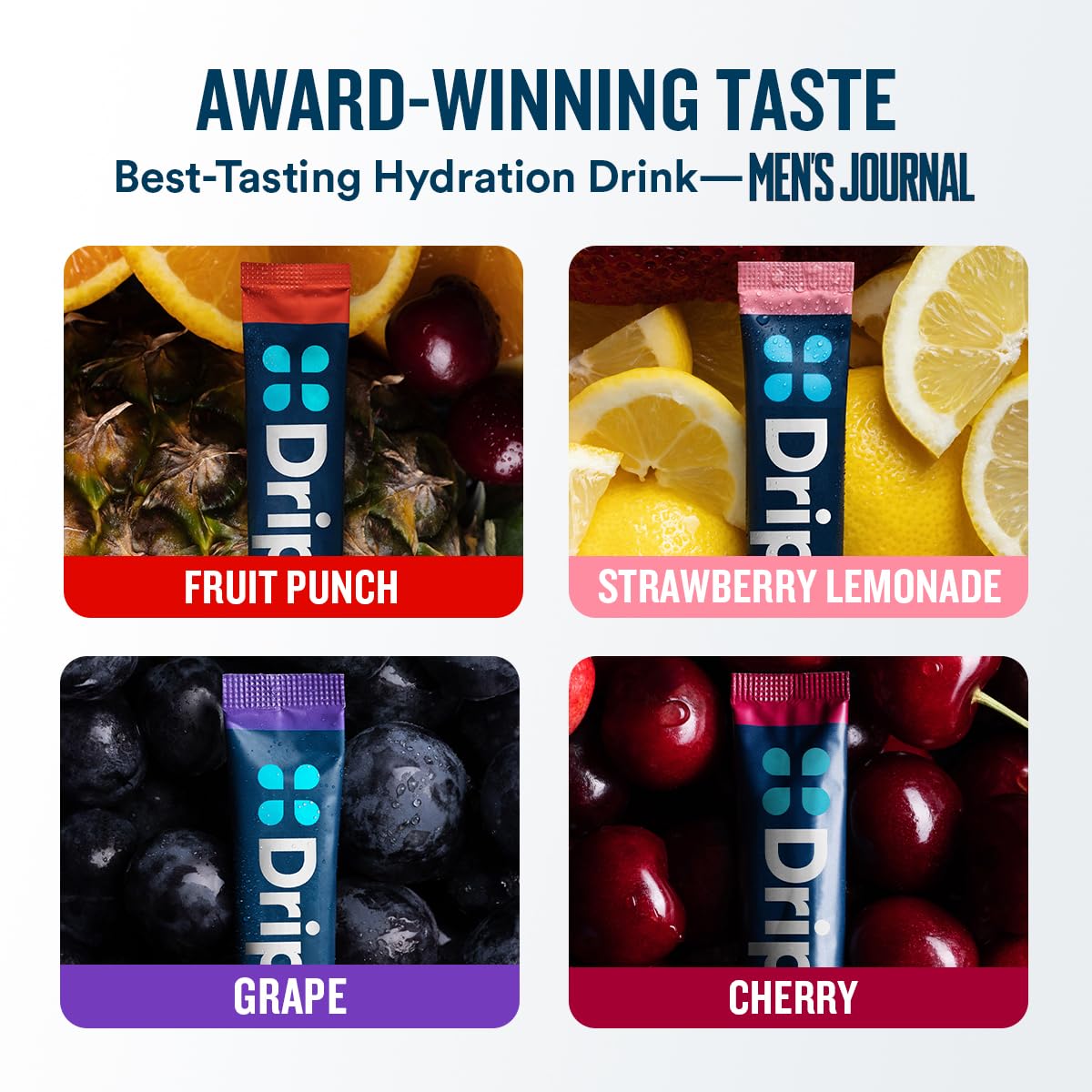 DripDrop Hydration Packets - Juicy Variety Pack - Single Serve Electrolytes Powder Drink Mix - Grape, Fruit Punch, Strawberry Lemonade, Cherry - Non-GMO,