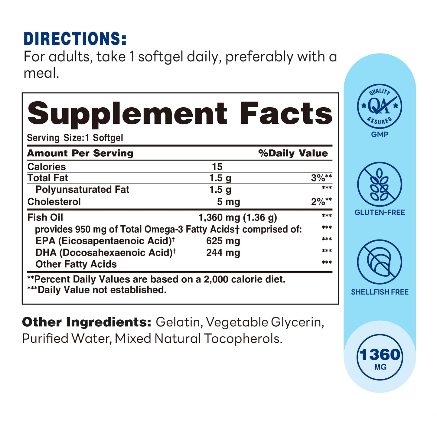 Vitamin World Triple Strength Omega 3 Fish Oil 1360 mg Supplement, 950 mg Active Omega-3 Fatty Acids with EPA & DHA, Supports Heart, Brain & Joint Health