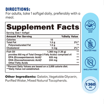 Vitamin World Triple Strength Omega 3 Fish Oil 1360 mg Supplement, 950 mg Active Omega-3 Fatty Acids with EPA & DHA, Supports Heart, Brain & Joint Health