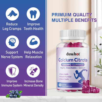 duwhot Calcium Citrate Gummies, Chewable Calcium Citrate 1000mg For Bone, Muscle & Immune Support, High Absorption Calcium Supplements for Women & Men