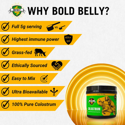 Bold Belly Colostrum Powder Supplement - Whole Cream Bovine Colostrum for Gut & Immune Support, Grass-Fed USA Cows, Cold-Processed