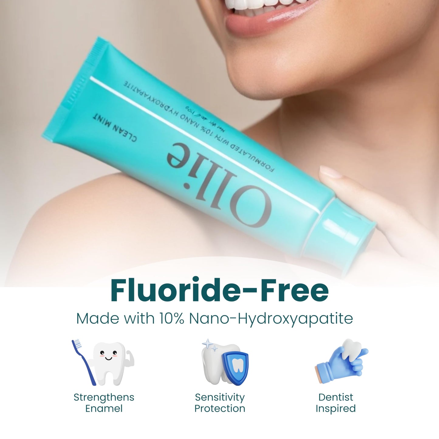 Ollie Fluoride Free 10% Nano Hydroxyapatite Toothpaste for Remineralizing Enamel, Sensitive Teeth & Whitening,