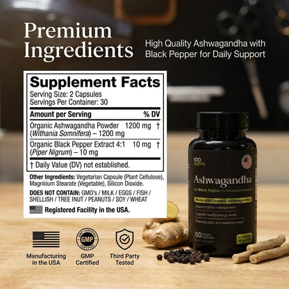 100 Supps Ashwagandha Capsules with Black Pepper Extract 4:1 (10mg), Made with Organic Ashwagandha Powder, 1200mg per Serving, 60 Veggie Capsules