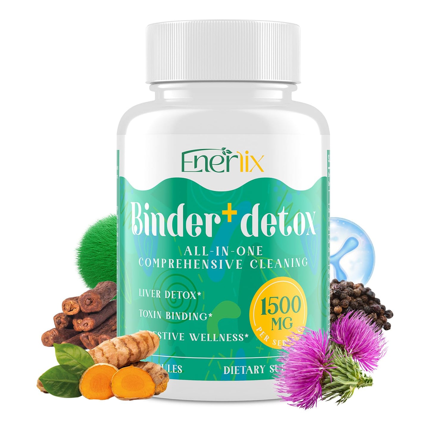 Enerlix 15-in-1 Detox Binder, Activated Charcoal, Zeolite & Bentonite Clay, Chlorella, 1500 MG Detox Supplement Maximum Absorbent,
