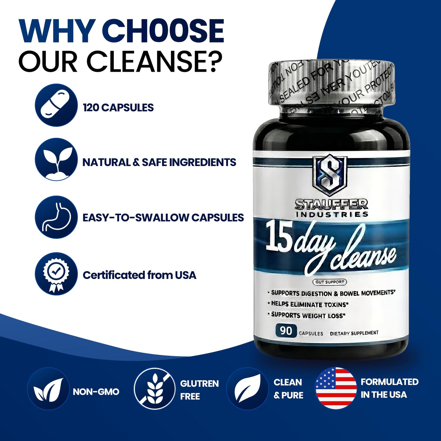 STAUFFER INDUSTRIES Colon Cleanse – 15 Day Cleanse Gut Support Supplement – Colon Cleanser with Psyllium Husk, Senna & Probiotics