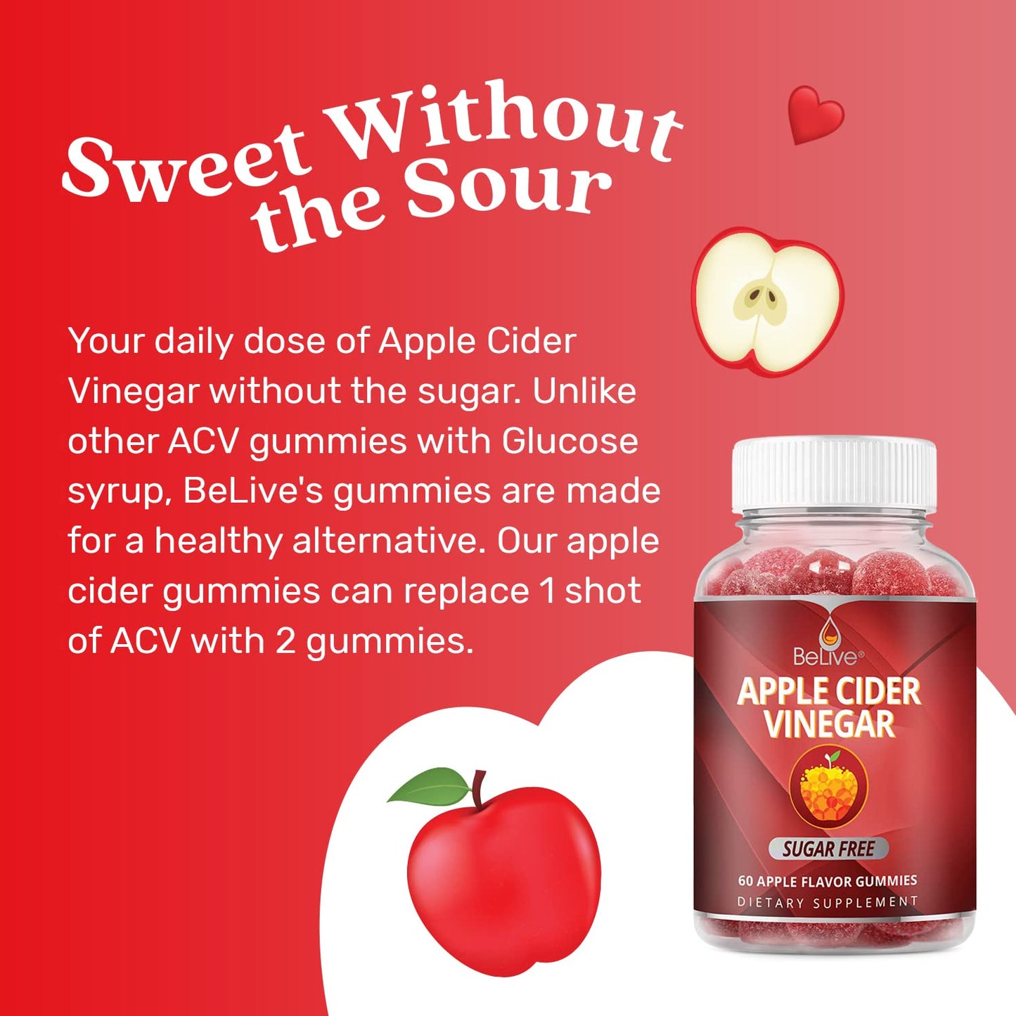 BeLive Apple Cider Vinegar Sugar Free Gummies – Great for Digestion & Healthy Diet - Gluten Free, No Glucose Syrup, ACV Gummies Alternative