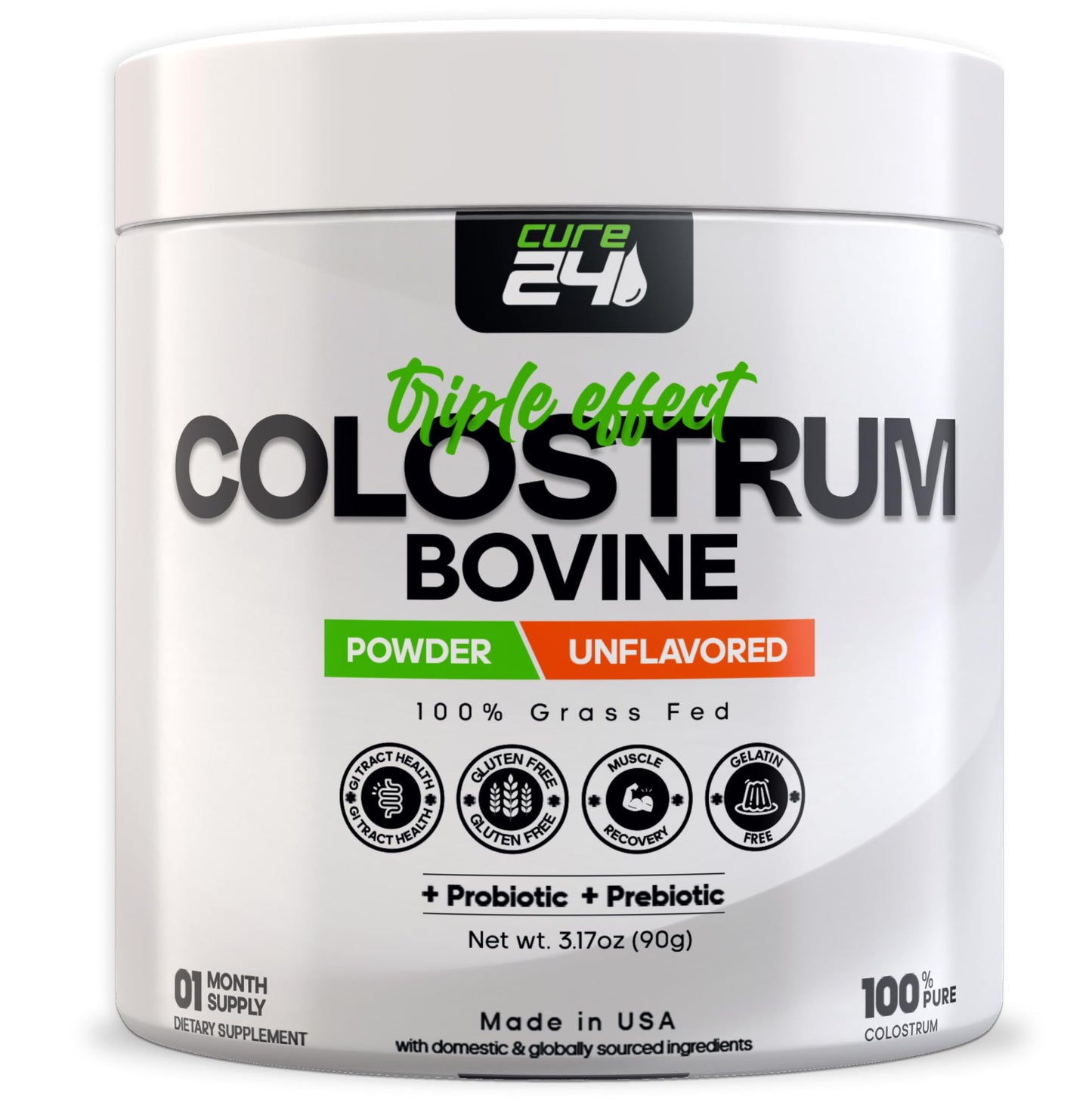 Cure24 Bovine Colostrum X3 Supplement Powder for Humans, 100% Pure Whole Natural Grass Fed Superfood, High IgG, Plus Probiotic