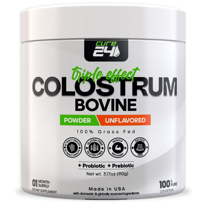 Cure24 Bovine Colostrum X3 Supplement Powder for Humans, 100% Pure Whole Natural Grass Fed Superfood, High IgG, Plus Probiotic