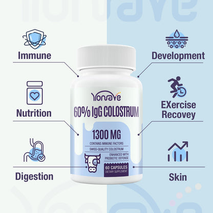 Yonrave Bovine Colostrum Capsules Supplement 1300mg - Extra High 60% IgG Bovine Colostrum - Gut, Bone, Exercise, Immune - 60 Capsules
