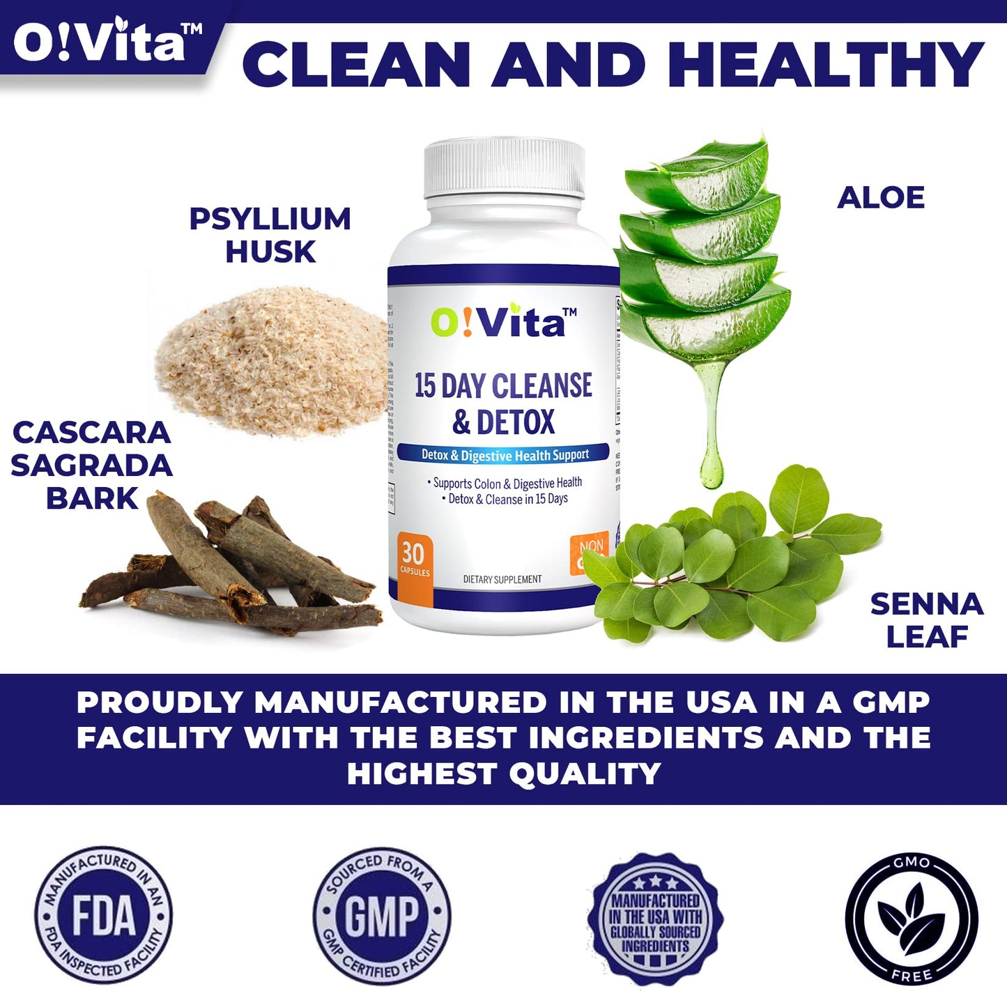 O!VITA 15-Day Cleanse and Detox Supports Digestive and Colon Health, Special Formula with probiotics, fine Herbs Such as Senna Leaf,