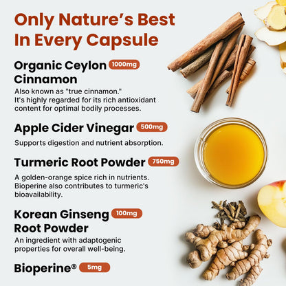 5-in-1 Ceylon Cinnamon Capsules 2355mg - Apple Cider Vinegar Capsules with Turmeric, Panax Ginseng & Bioperine - Cinnamon Supplements for Women & Men