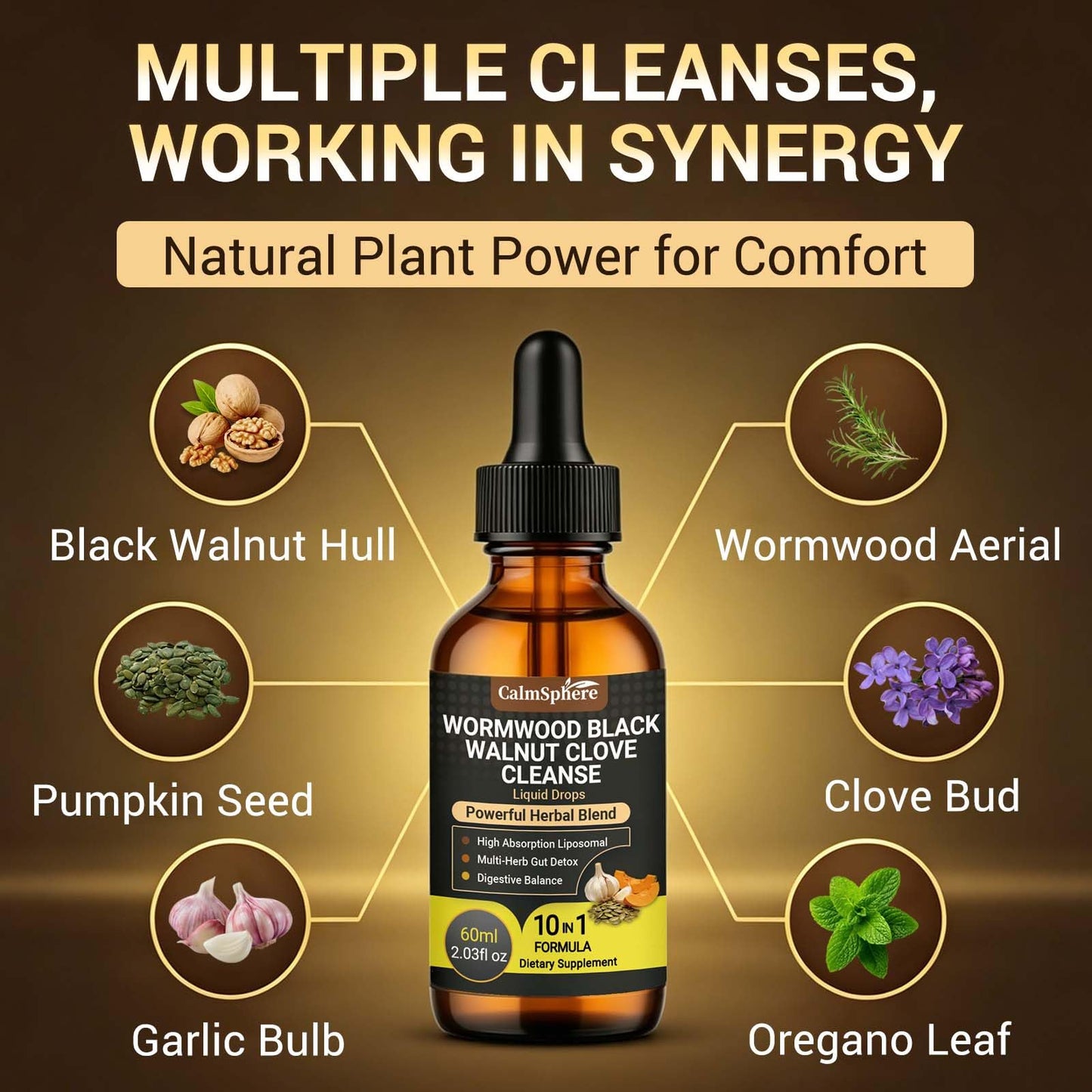 Wormwood Black Walnut Clove Garlic Liquid Drops, Liposomal Fast Absorption with Pumpkin Seed, Pau D'Arco, Berberine, Black Pepper, for Gut Digestive Health