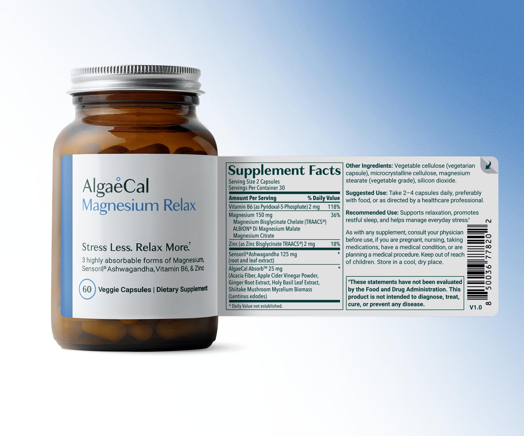 AlgaeCal Magnesium Relax™ - Chelated Magnesium with Ashwagandha for Sleep & Stress - Glycinate, Malate, Citrate - Sleep, Mood, & Cortisol Support (4 Months Supply) ALGAECALBuy Supplements Australia