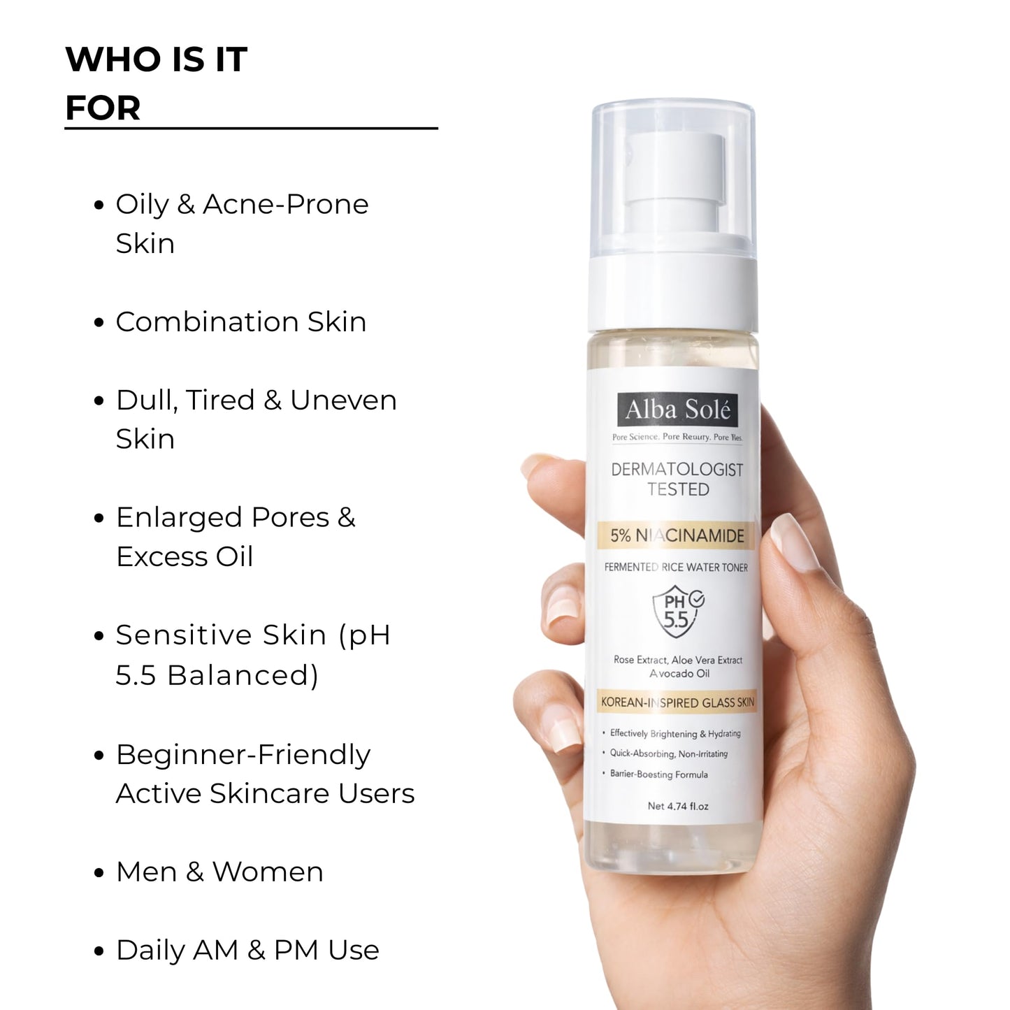 Alba Solé 5% Niacinamide Face Toner with Fermented Rice Water | pH 5.5 Balancing Toner | Hydrates, Refines Pores & Brightens for Glass Skin