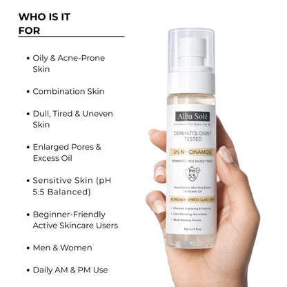 Alba Solé 5% Niacinamide Face Toner with Fermented Rice Water | pH 5.5 Balancing Toner | Hydrates, Refines Pores & Brightens for Glass Skin
