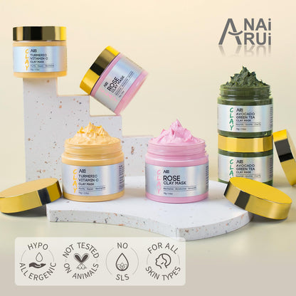 ANAI RUI 3 Pack Clay Mask Set Turmeric Vitamin C Clay Mask -Rose Facial Mask -Avocado Green Tea Mud Mask Smoothing, Hydration & Glow,Spa Gift Set