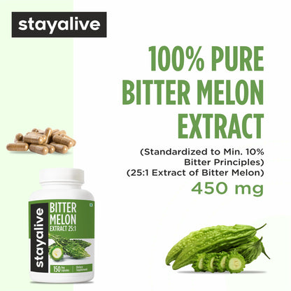 STAY ALIVE Extra Strength Bitter Melon Capsules, 10% Bitter Principles, 150 Pills, 25X Concentrated Powder, 5 Month Supply, Non-GMO & Gluten Free